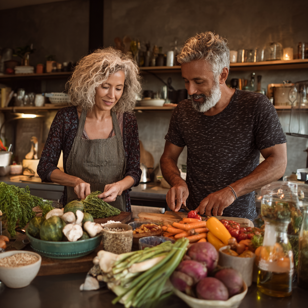 Middle-aged adults preparing healthy balanced meal with fresh vegetables and whole grains in modern kitchen