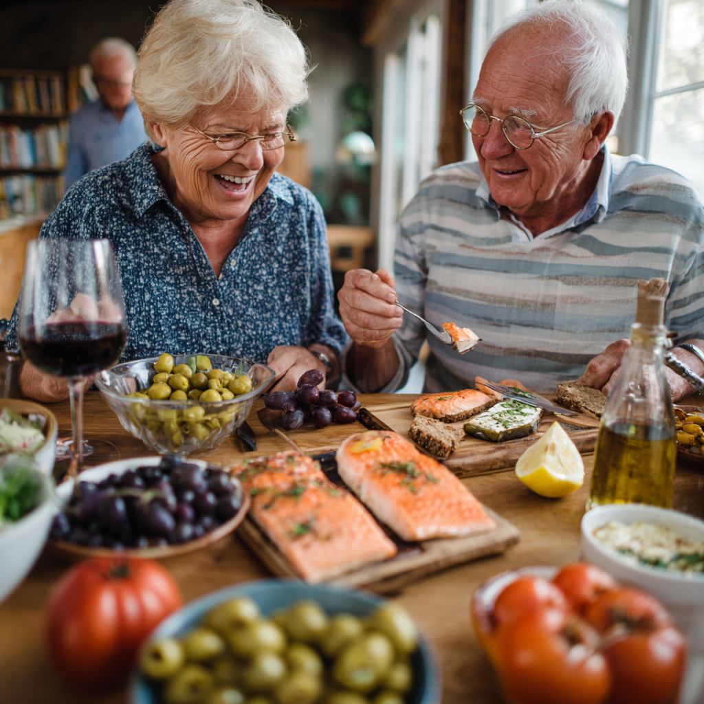 Older adults enjoying nutritious Mediterranean-style dinner with fresh vegetables, fish and whole grains at home